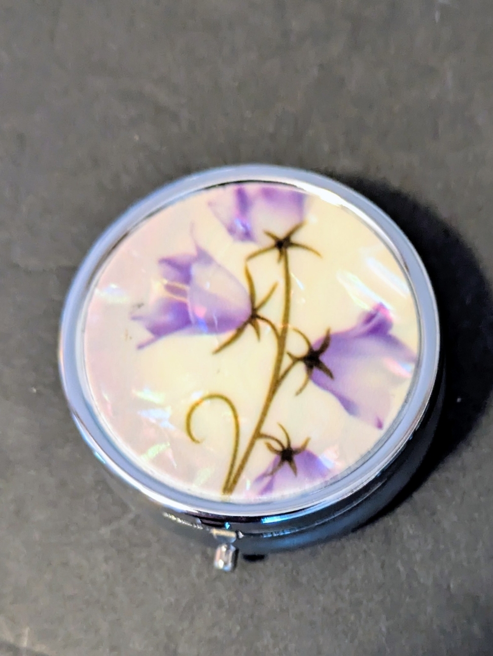 Pill Trinket Jewelry Storage Travel Box Flower Mirror Purple White NWOT